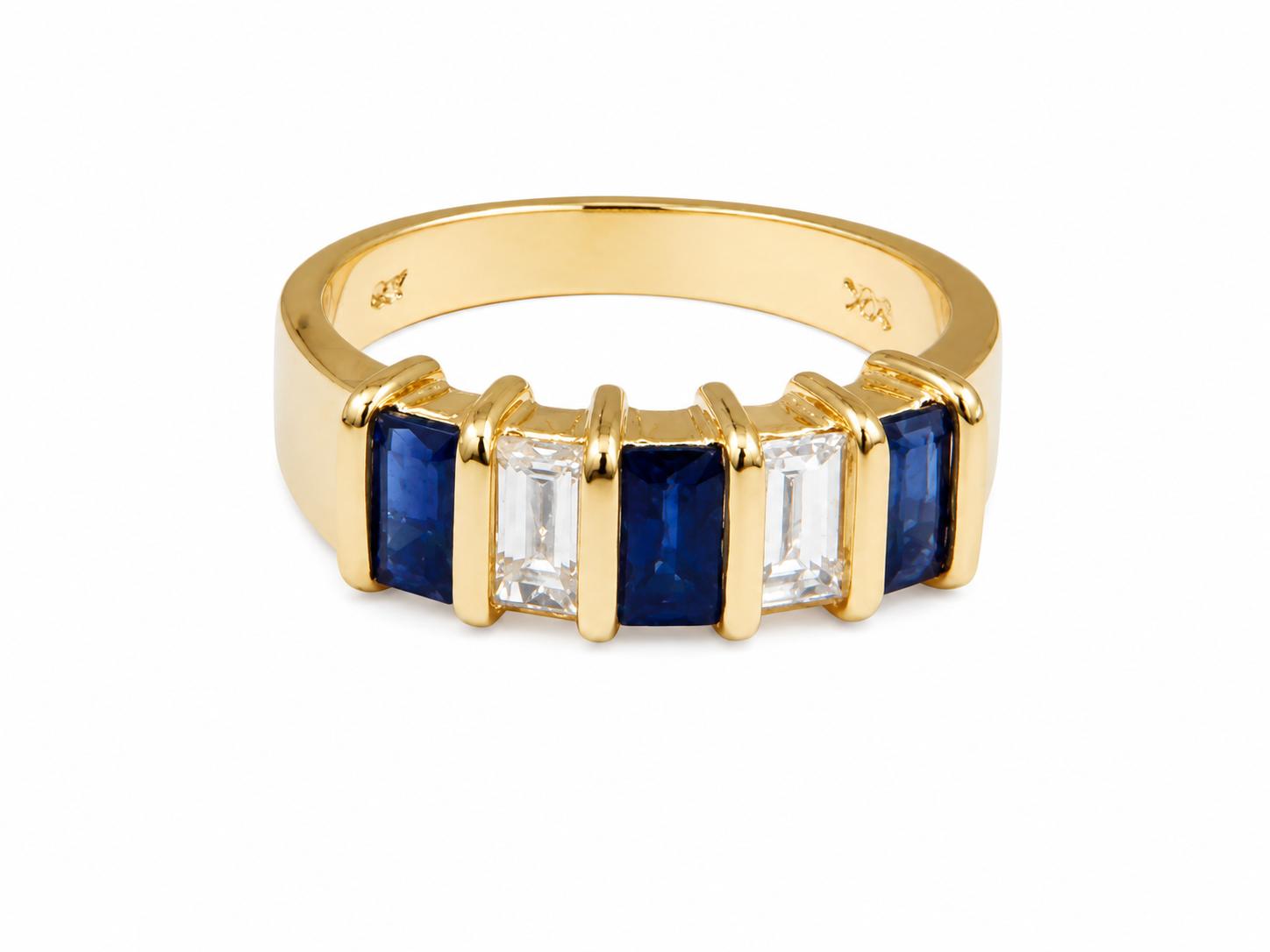 Stylish Ring With Blue Sapphires and Diamonds 
