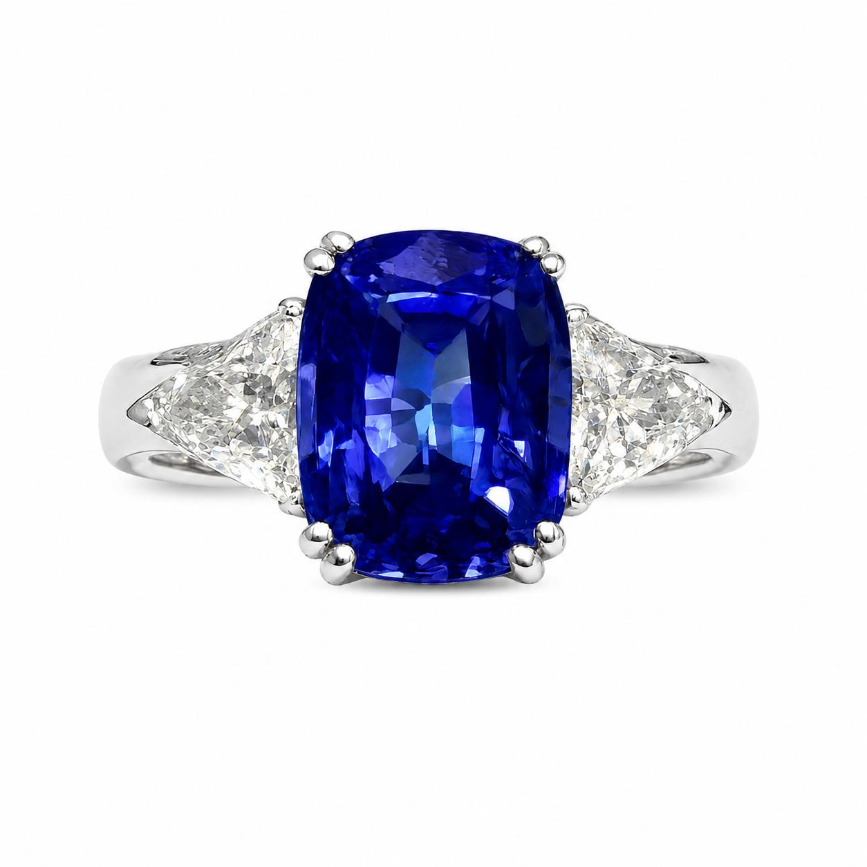 Elegant One-of-a-Kind Blue Tanzanite and Diamond Ring 14 K White Gold 
