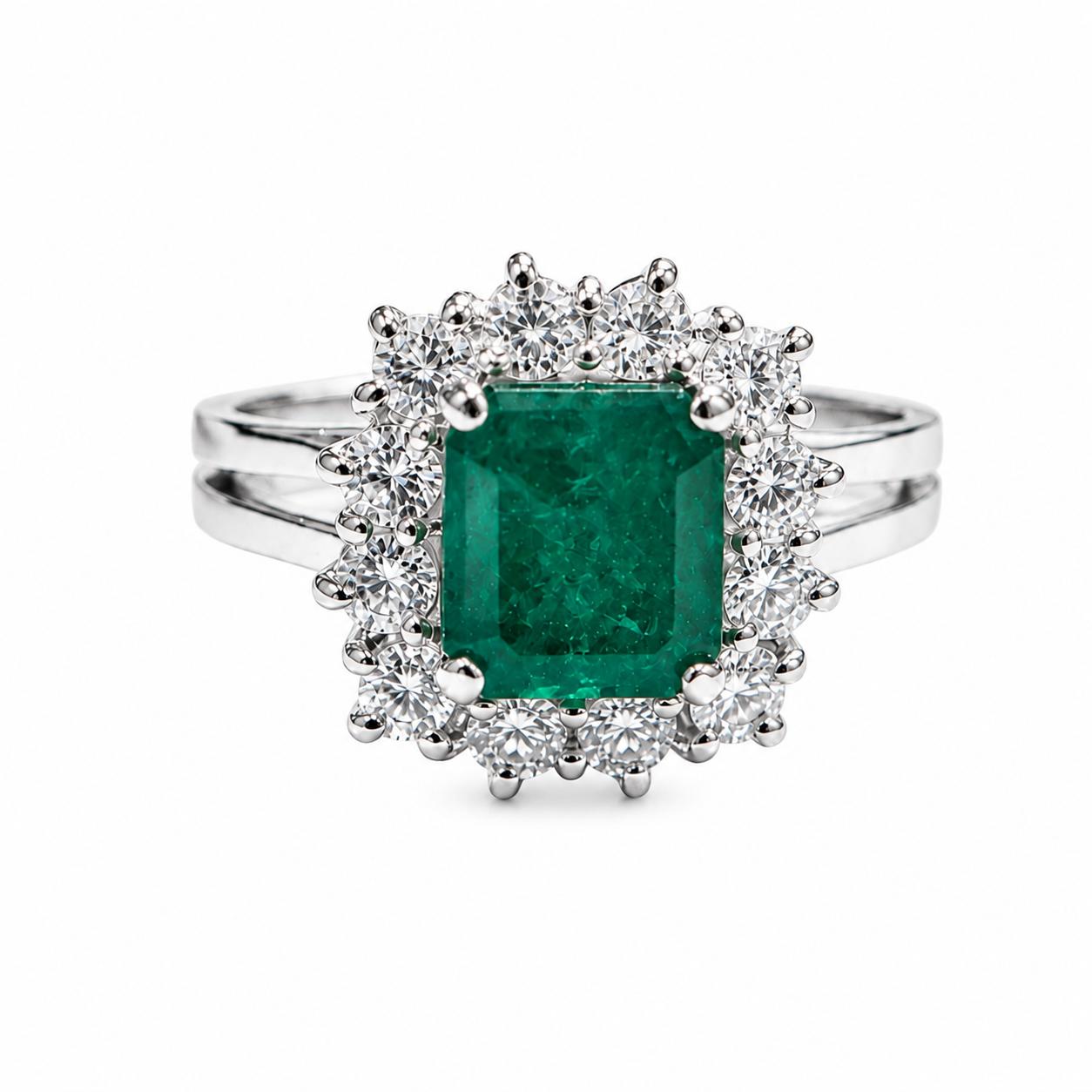 Emerald and Diamond Ring 18K White Gold 