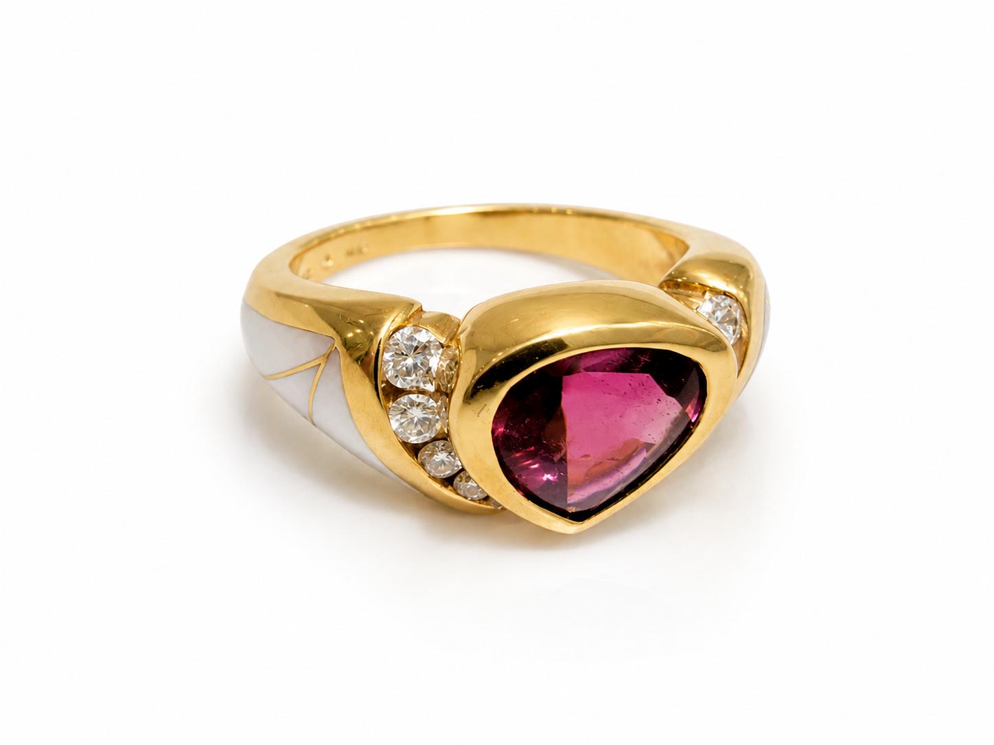 Kabana Design Ring  14K Yellow Gold/ Tourmaline and Mother of Pearl inlay and Diamonds 