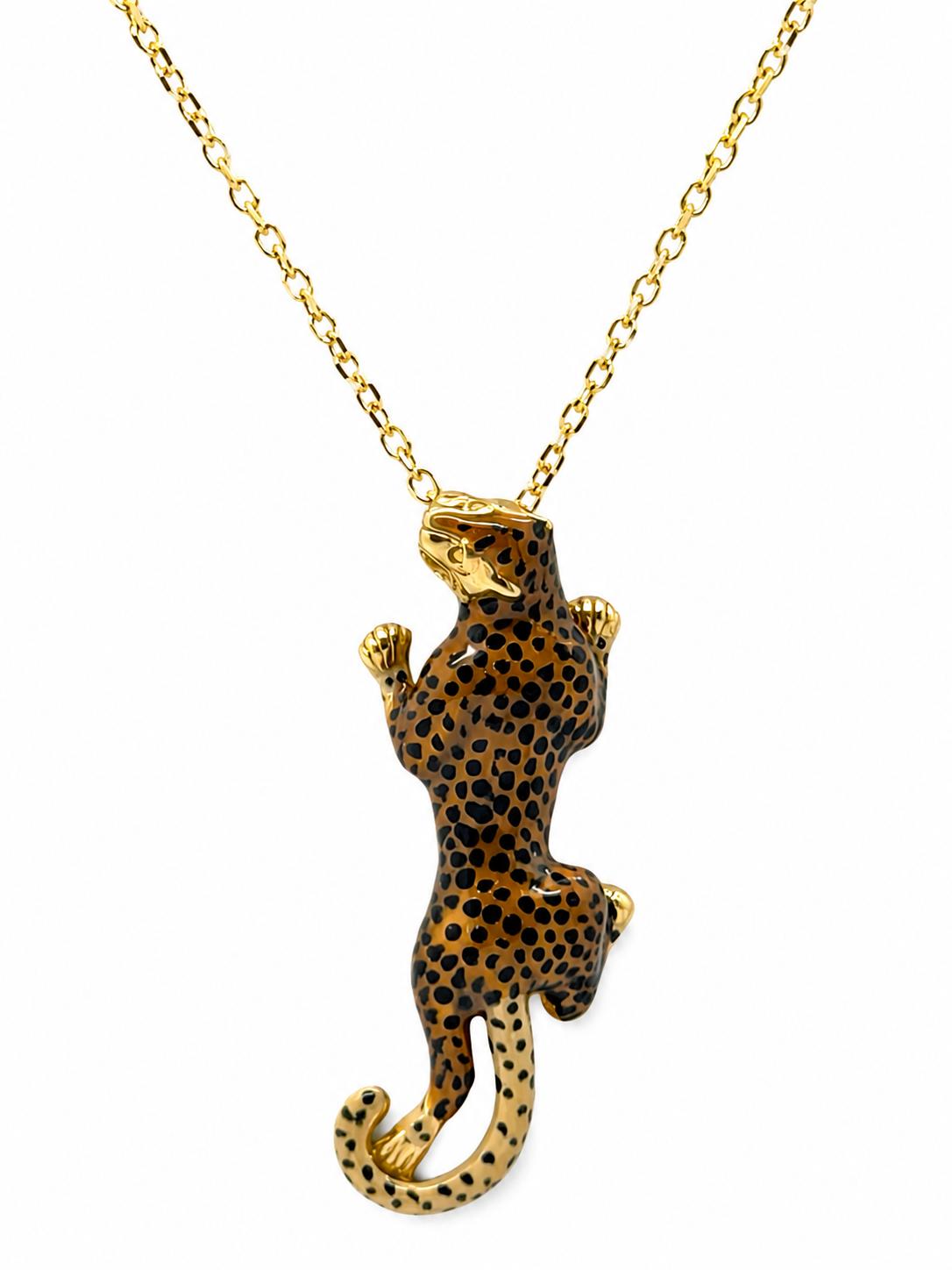 STYLISH Enamel Panther Pendant Necklace 14K Yellow Gold
