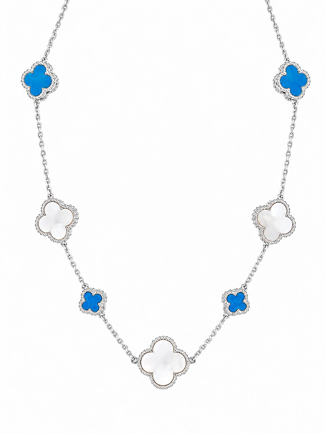 Beautiful Stylish Turquoise and Mother of Pearl Necklace 18K White Gold 